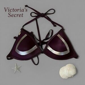 Victoria's Secret PINK M Push Up Padded Maroon Silver Foil Triangle Bikini Top‎